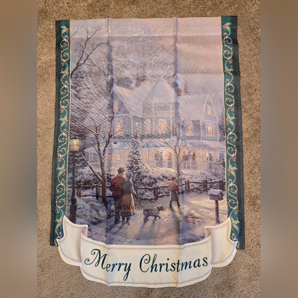 Thomas Kinkade Holiday Flag Tapestry with Winter Scene Merry Christmas.